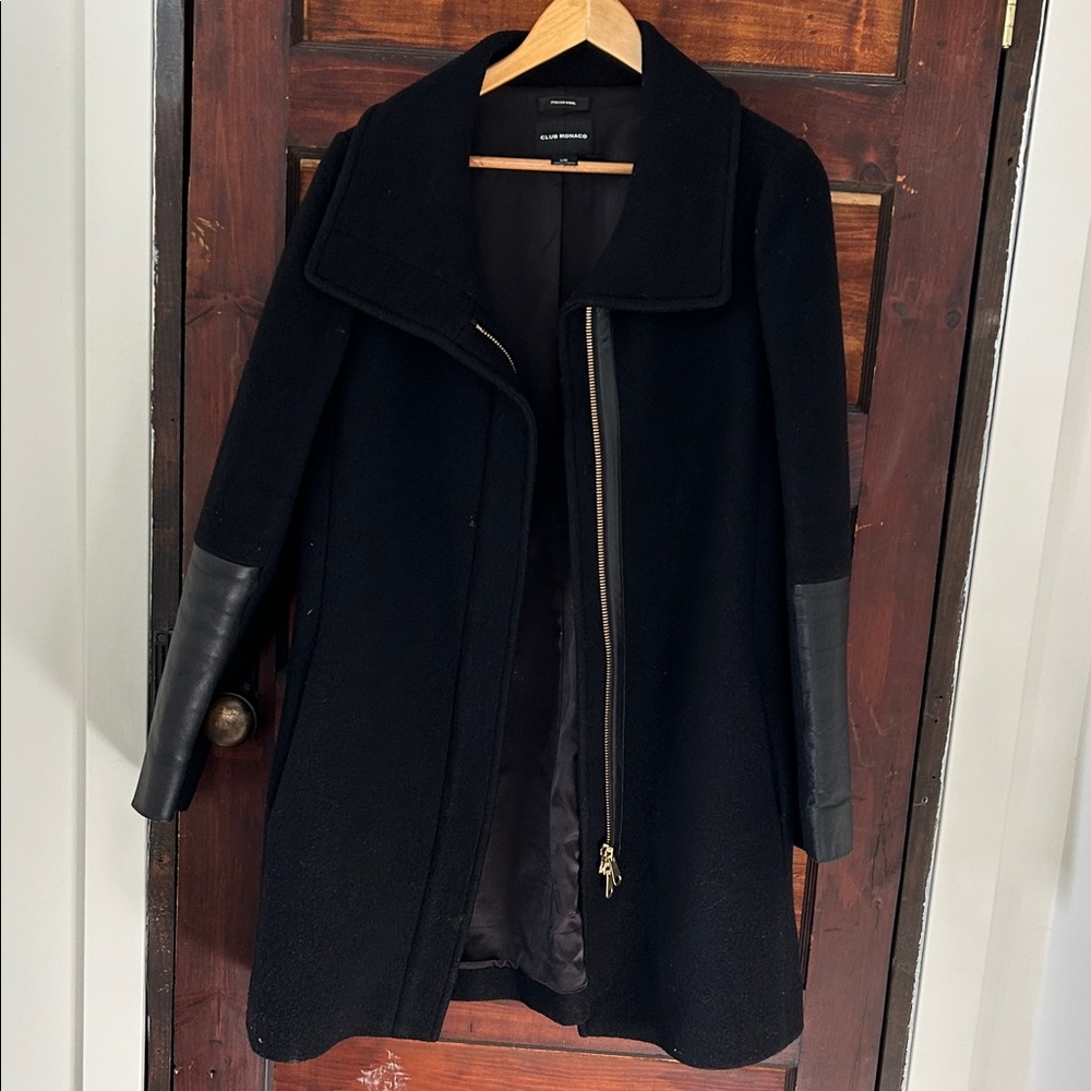 Club Monaco Italian Wool & Leather Black Women's Coat size large